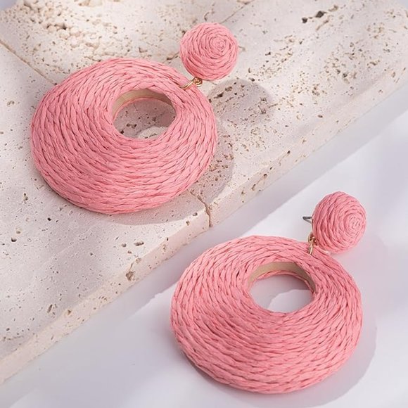 Lavender Rattan Earrings Chunky Wicker Raffia Dangle Hoop Beachy Vacation New - Picture 9 of 9